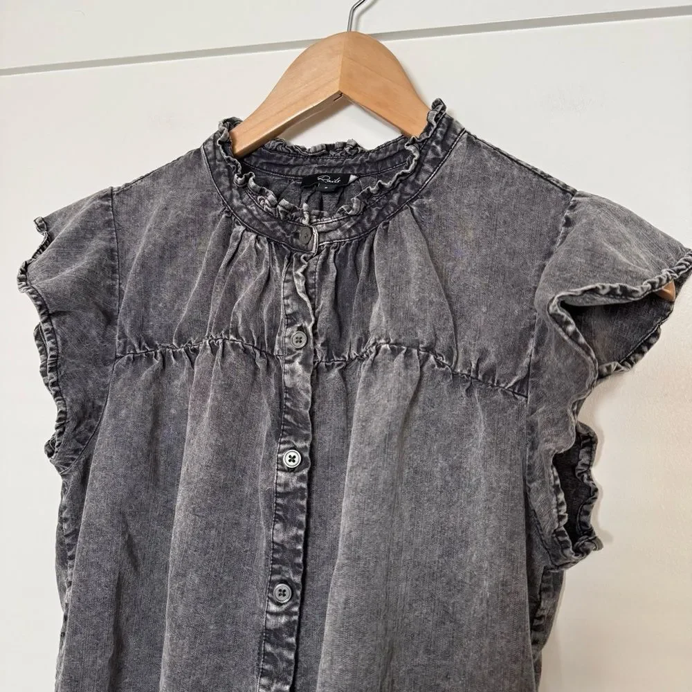 Rails Ruthie Black Acid Wash Top S Flutter Sleeve Button Up Linen Lyocell Ruffle
